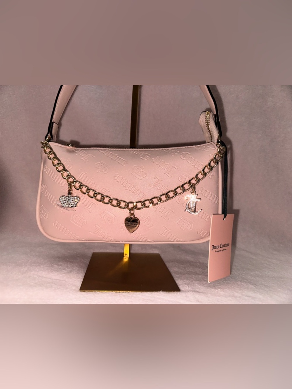 Juicy Couture Light Pink Embossed Shoulder Bag with Gold Charm Chain